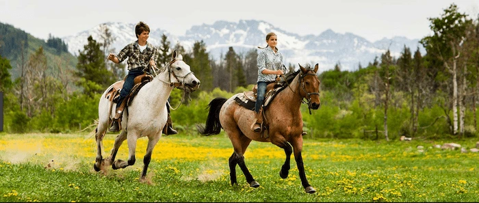 Confident plus-size woman riding South Shields a horse through a field with a smile on her face.